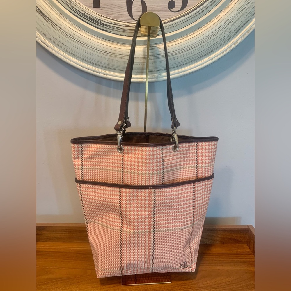 Ralph Lauren Check Leather Canvas Bucket Type Tote Bag
